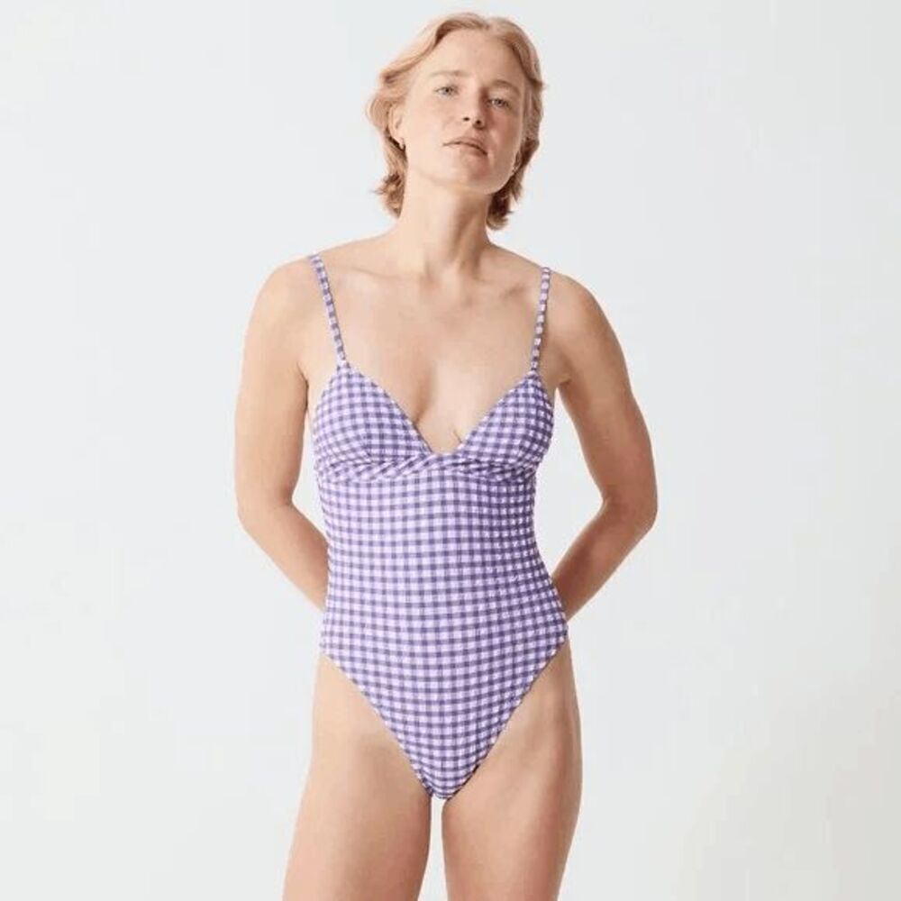 J. Crew Purple Gingham Plaid Plunge One-Piece Swim Bathing Suit Women's Size 14